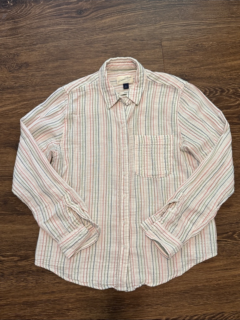 Universal Thread White Button-Down Shirt with Red & Blue Stripes